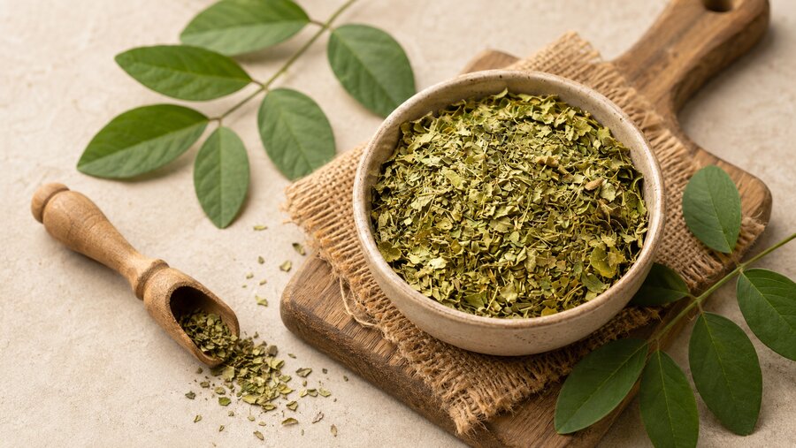 Dried senna leaves in a bowl